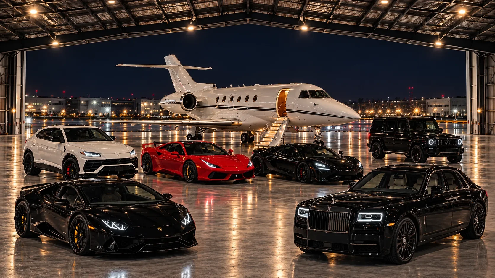Prestige luxury cars and a private jet inside an aircraft hangar